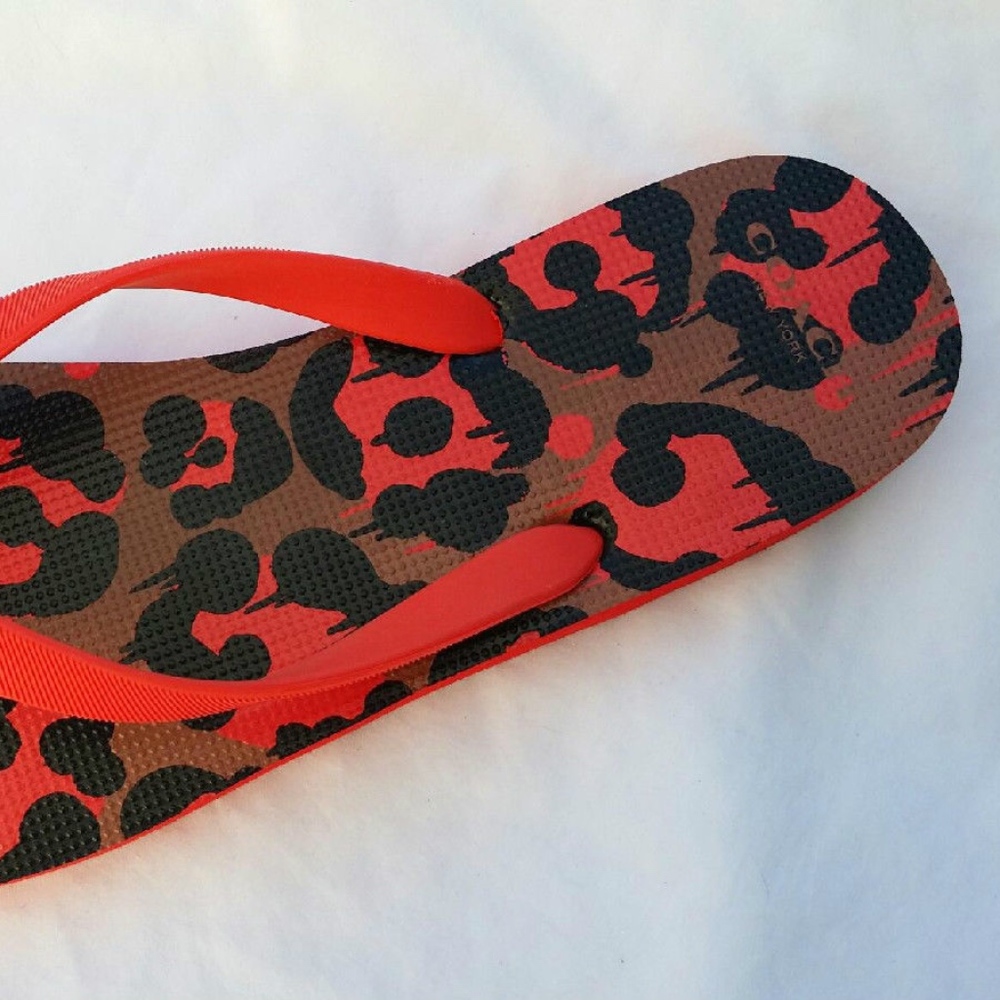 Coach Red Leopard Lock Flip Flops - Picture 3 of 5